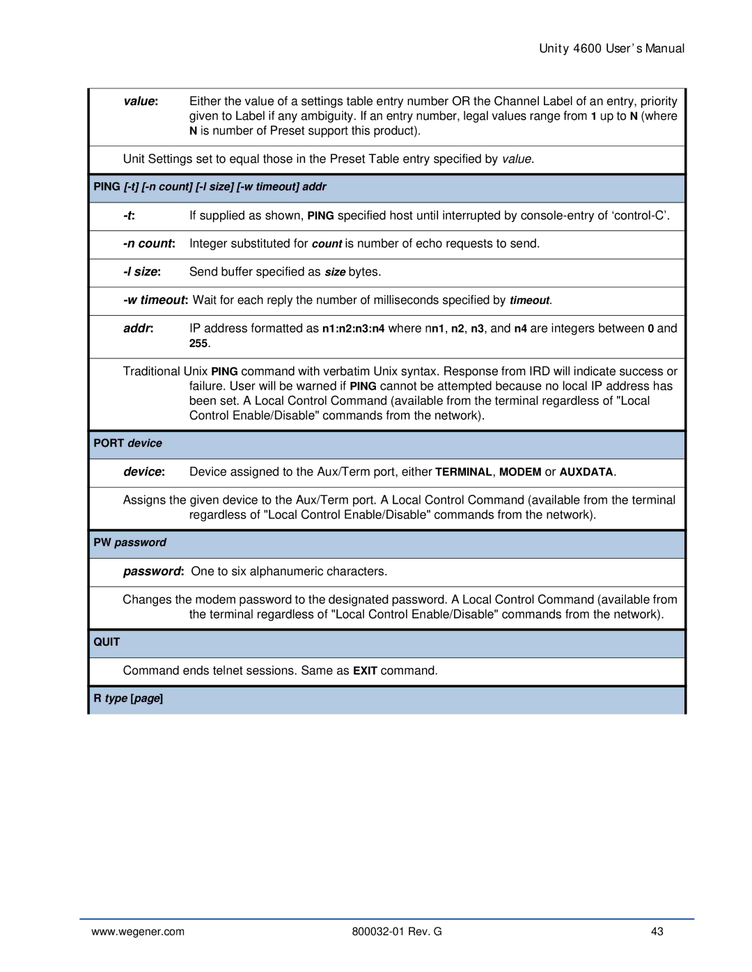 Wegener Communications 4600 manual Command ends telnet sessions. Same as Exit command 