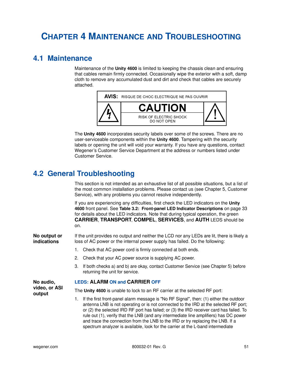 Wegener Communications 4600 Maintenance, General Troubleshooting, No audio, video, or ASI output, No output or indications 