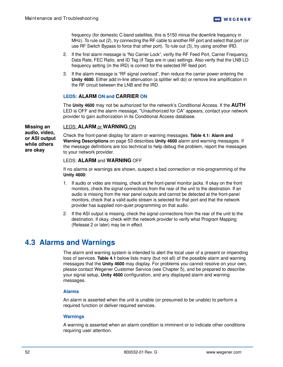 Wegener Communications 4600 manual Alarms and Warnings, Missing an audio, video, or ASI output while others are okay 