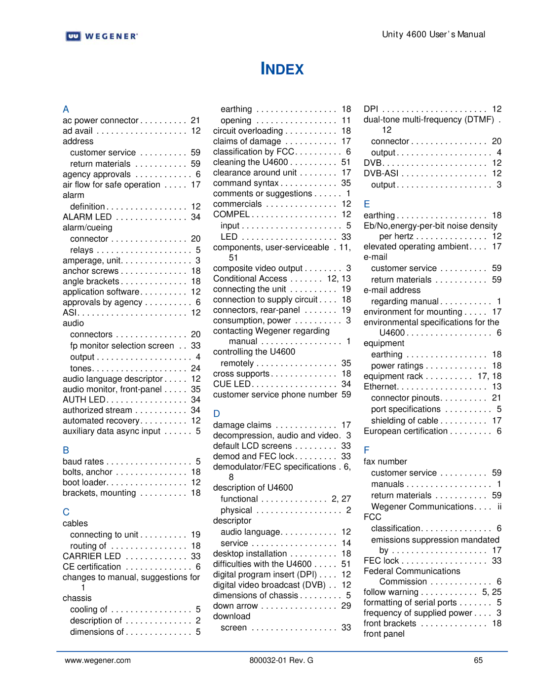 Wegener Communications 4600 manual Index 