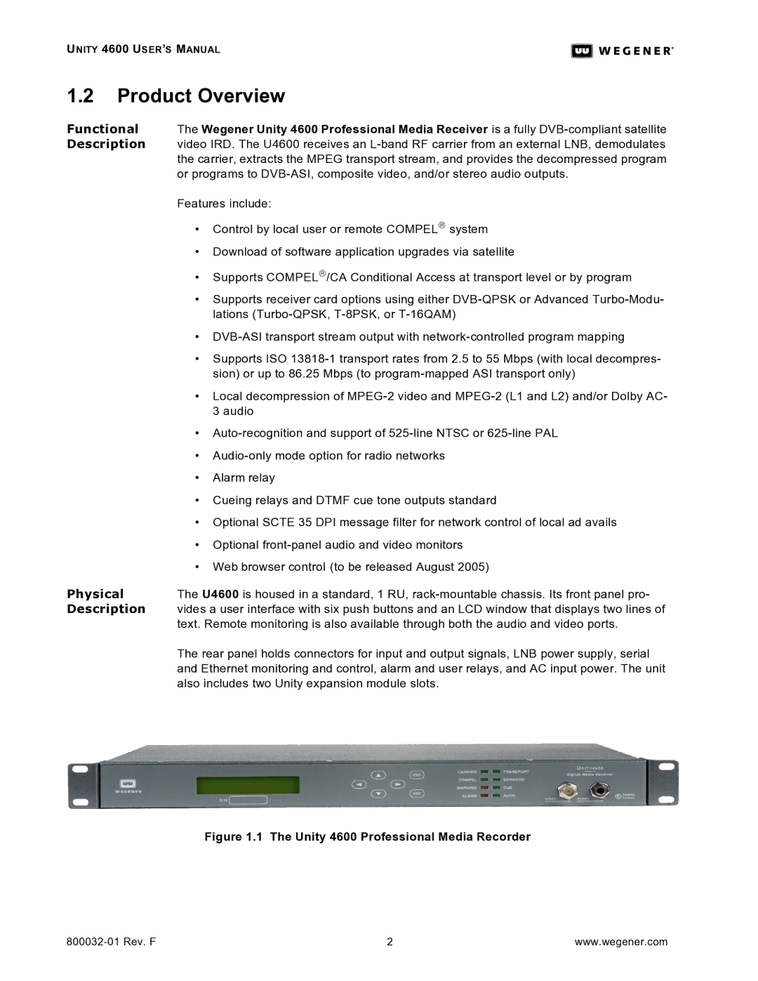 Wegener Communications manual Product Overview, Unity 4600 Professional Media Recorder 