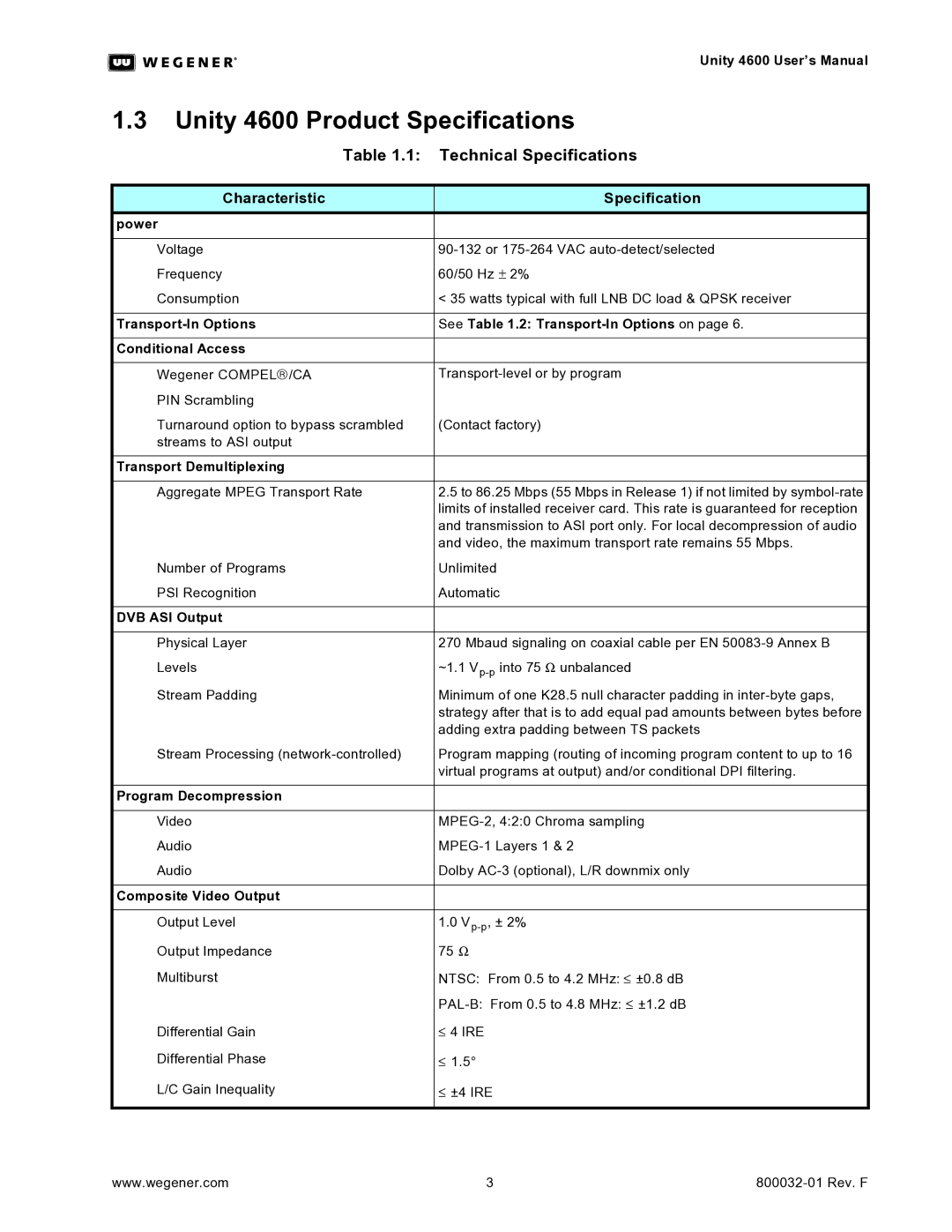 Wegener Communications manual Unity 4600 Product Specifications, Technical Specifications, Characteristic Specification 