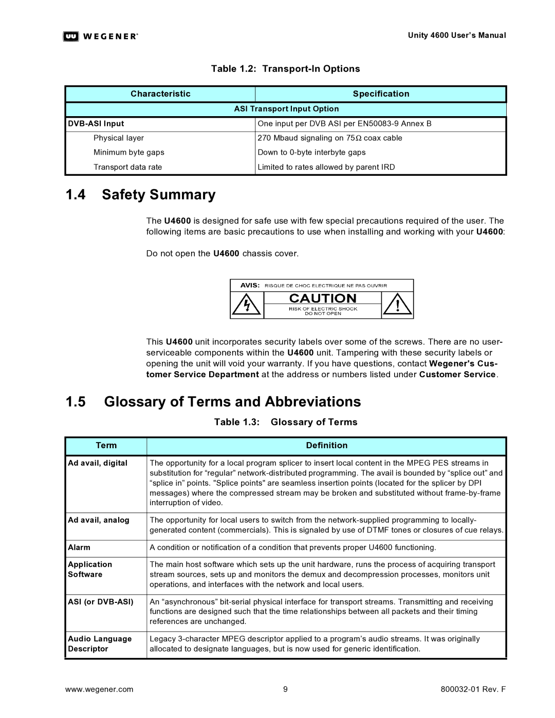 Wegener Communications 4600 manual Safety Summary, Glossary of Terms and Abbreviations, Term Definition 