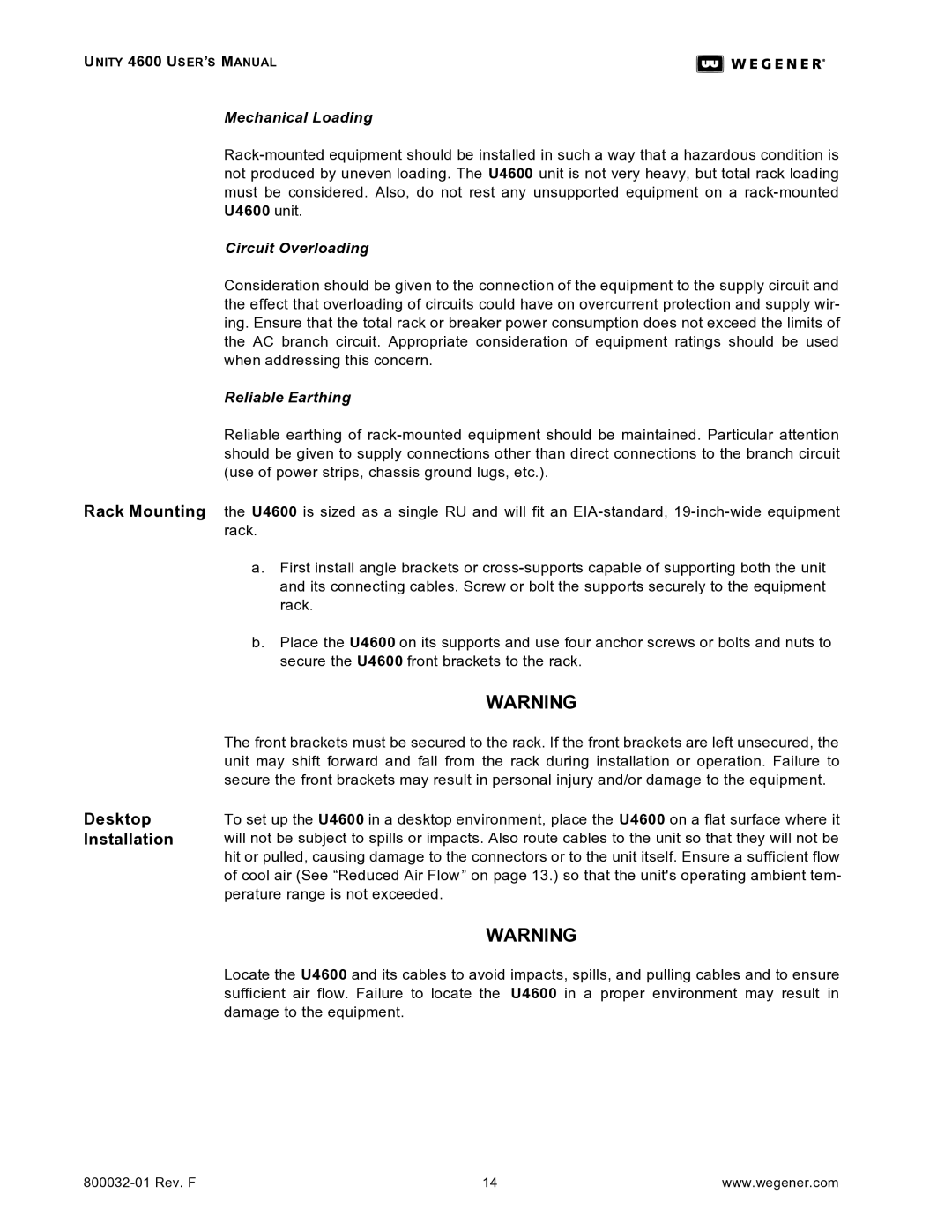 Wegener Communications 4600 manual Desktop Installation, Mechanical Loading 