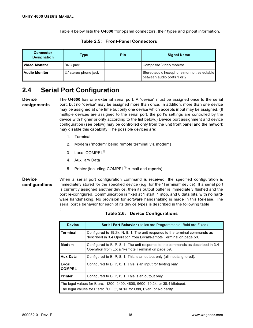 Wegener Communications 4600 manual Serial Port Configuration 