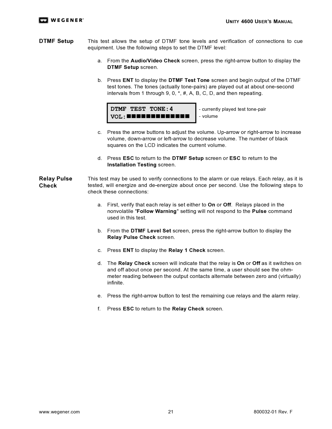 Wegener Communications 4600 manual VOLnnnnnnnnnnnnn, Relay Pulse Check 