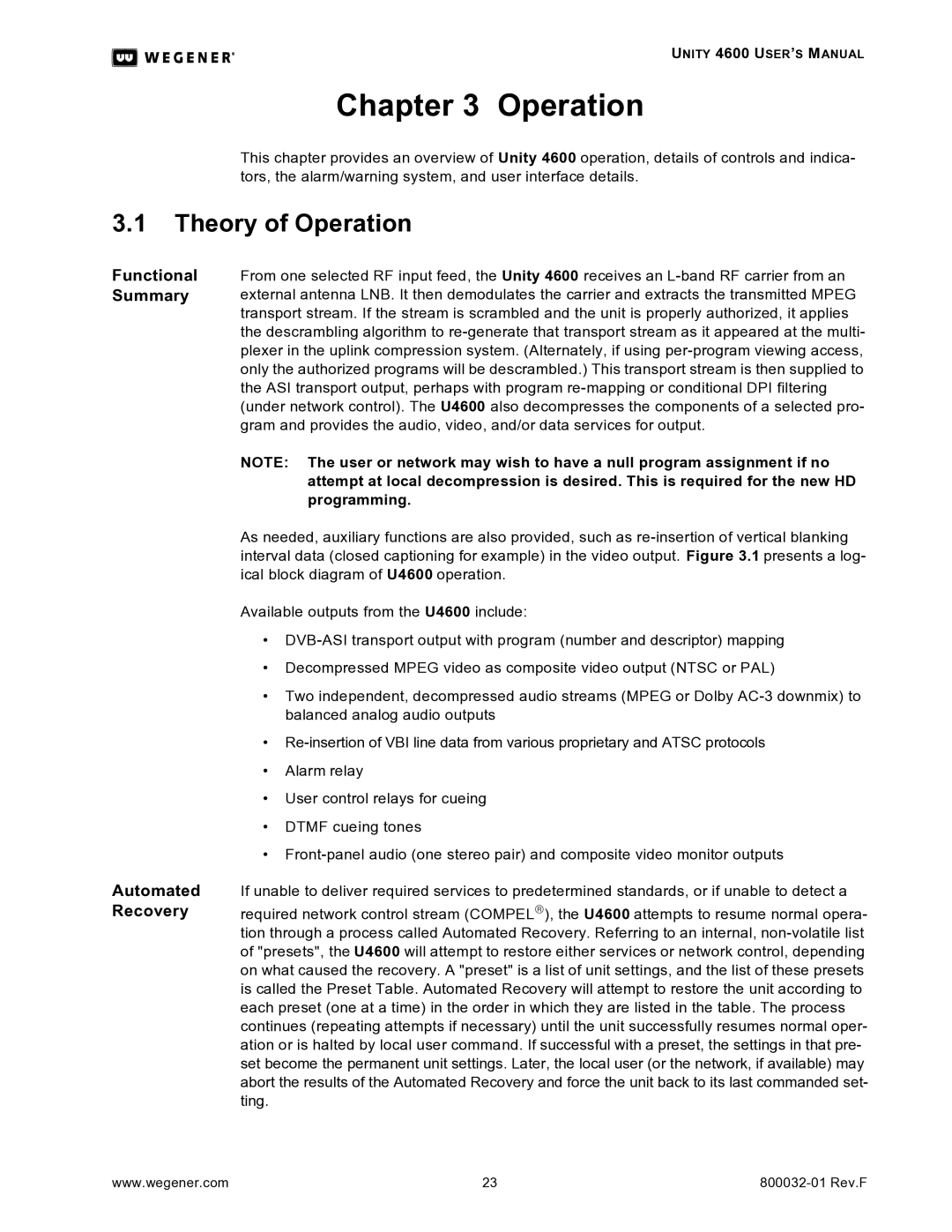 Wegener Communications 4600 manual Theory of Operation, Functional Summary Automated Recovery 