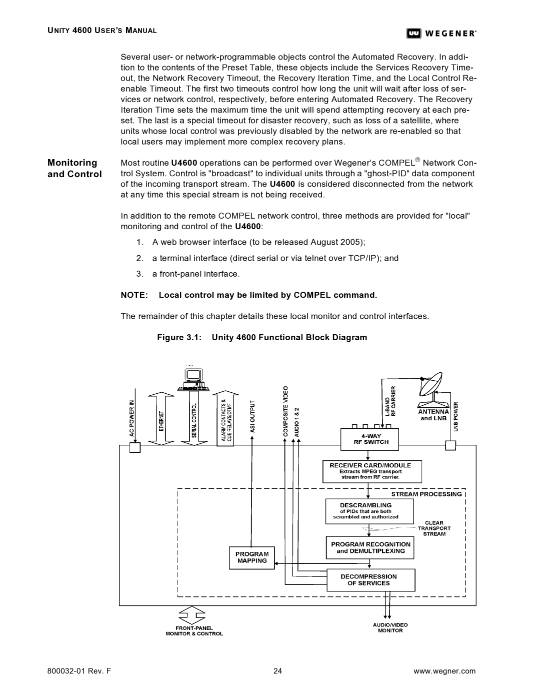 Wegener Communications manual Monitoring and Control, Unity 4600 Functional Block Diagram 