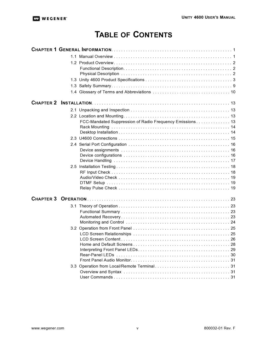 Wegener Communications 4600 manual Table of Contents 