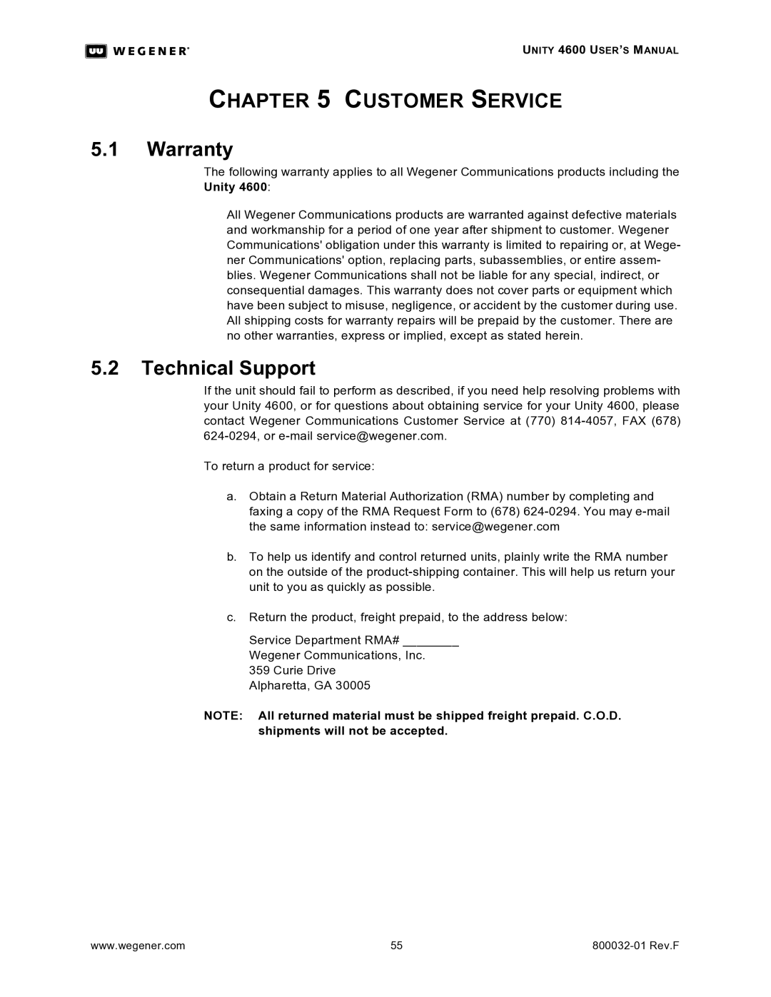 Wegener Communications 4600 manual Warranty, Technical Support 