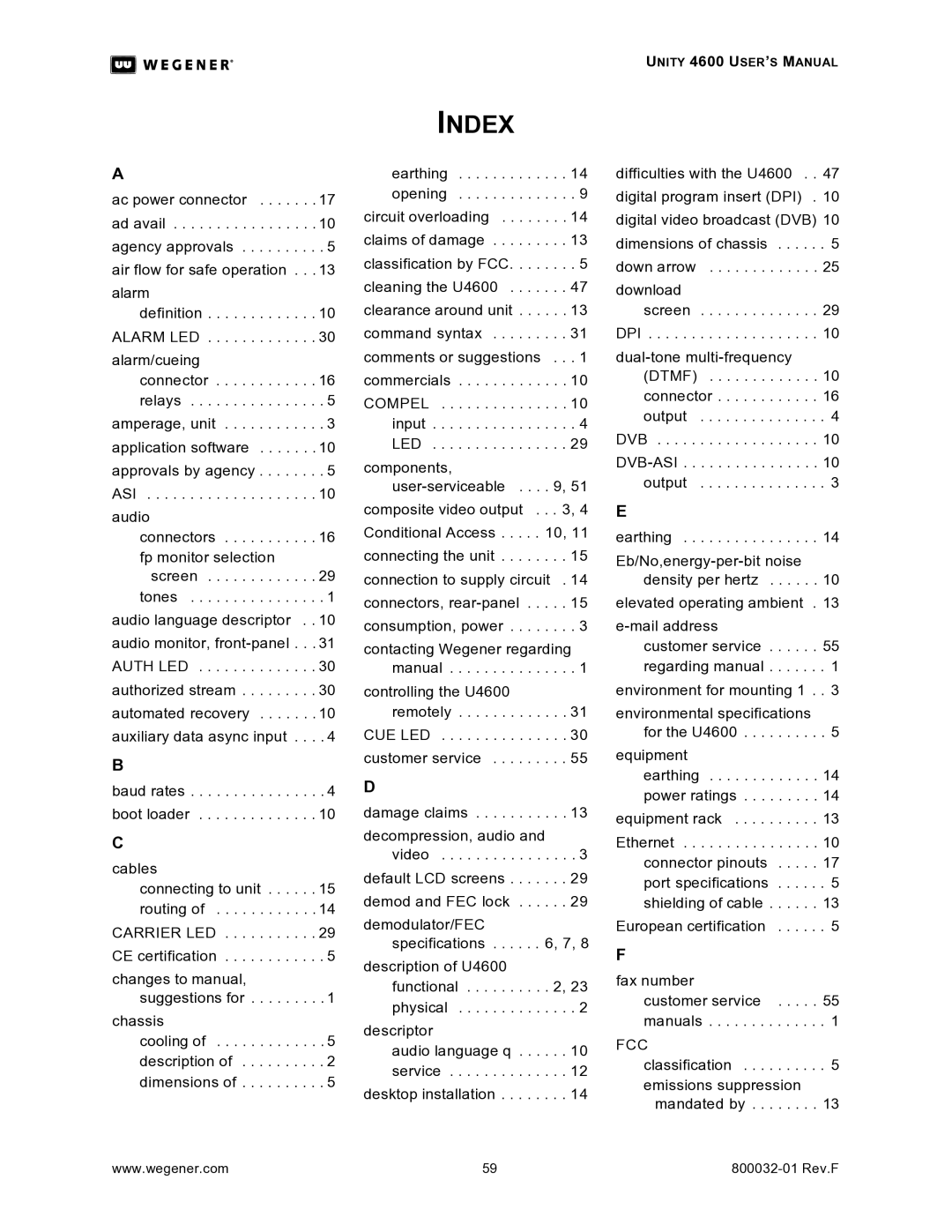 Wegener Communications 4600 manual Index 
