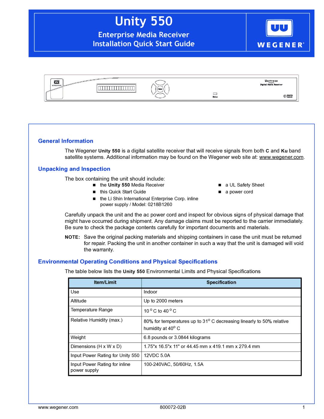 Wegener Communications 550 quick start General Information Unpacking and Inspection, Item/Limit Specification 