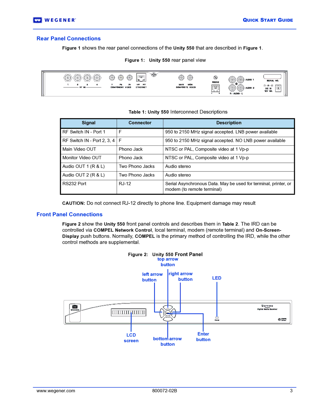 Wegener Communications quick start Rear Panel Connections, Front Panel Connections, Unity 550 Interconnect Descriptions 