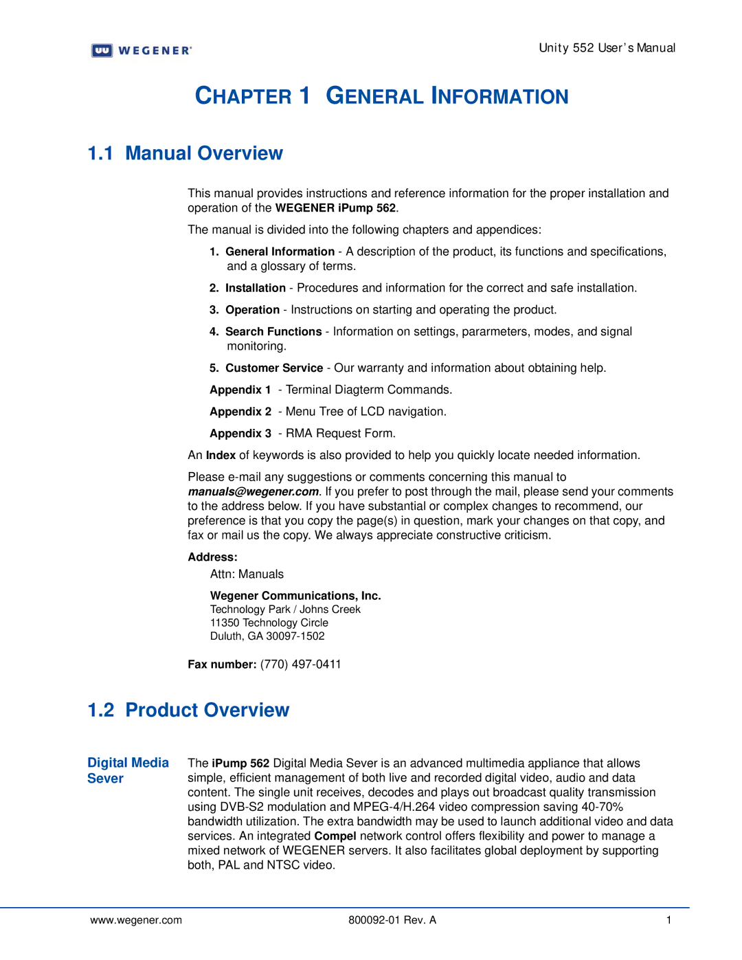 Wegener Communications 562 manual General Information, Manual Overview, Product Overview, Digital Media Sever, Address 