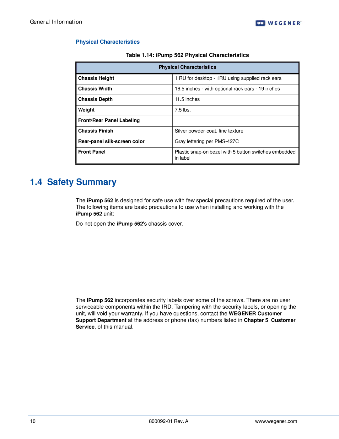 Wegener Communications manual Safety Summary, iPump 562 Physical Characteristics, Label 