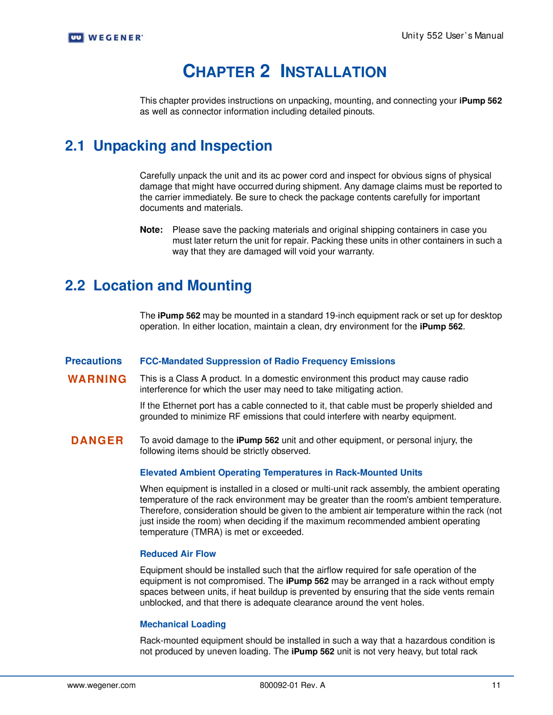Wegener Communications 562 manual Installation, Unpacking and Inspection, Location and Mounting, Precautions 