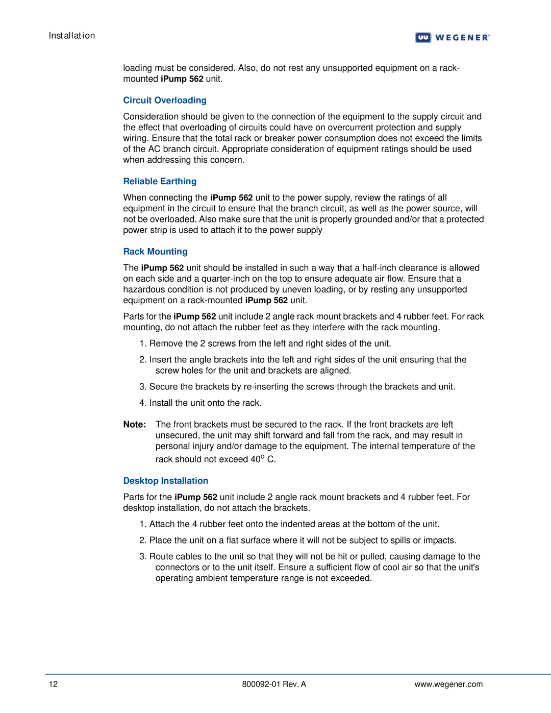 Wegener Communications 562 manual Circuit Overloading, Reliable Earthing, Rack Mounting, Desktop Installation 