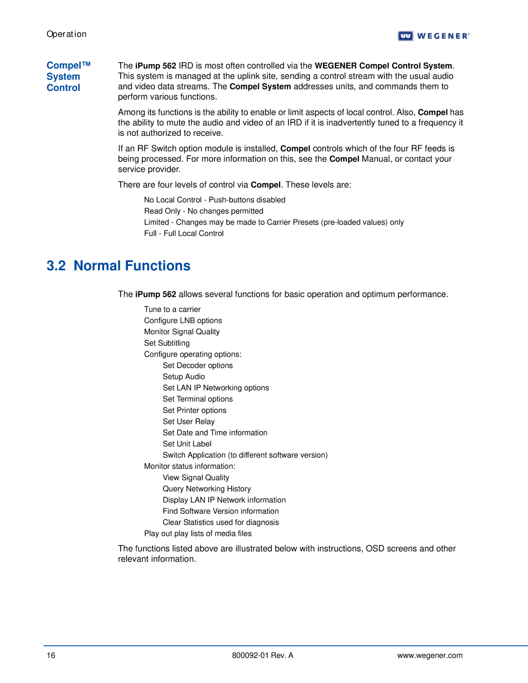 Wegener Communications 562 manual Normal Functions, Compel, System, Control 