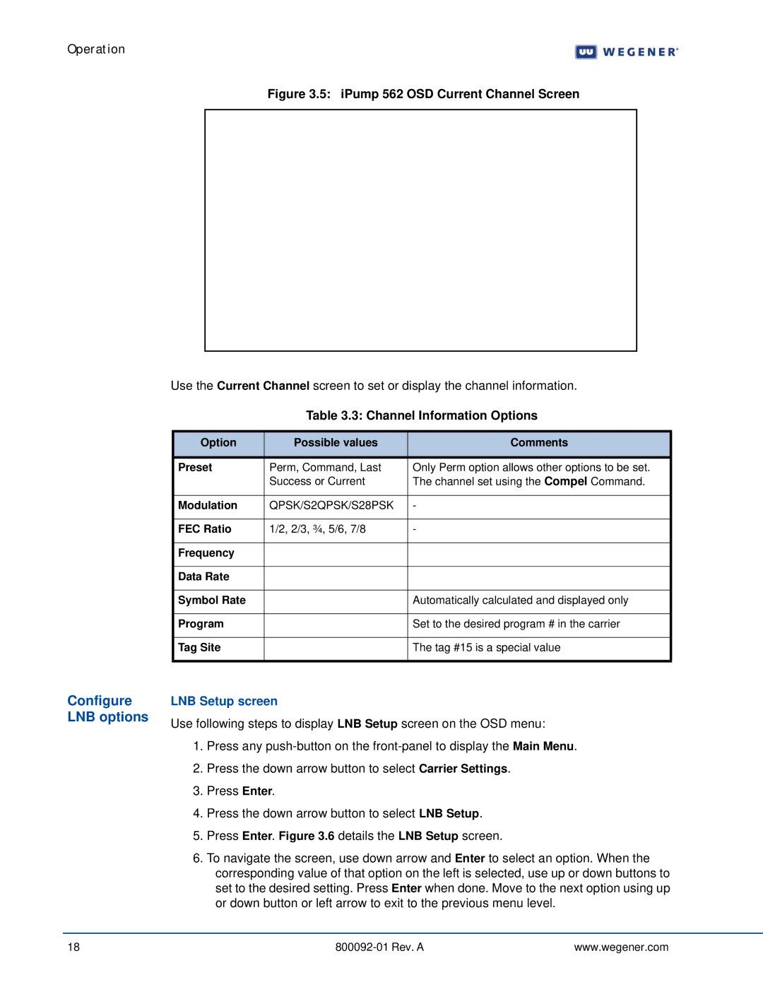 Wegener Communications 562 manual Configure LNB options, Channel Information Options, LNB Setup screen 