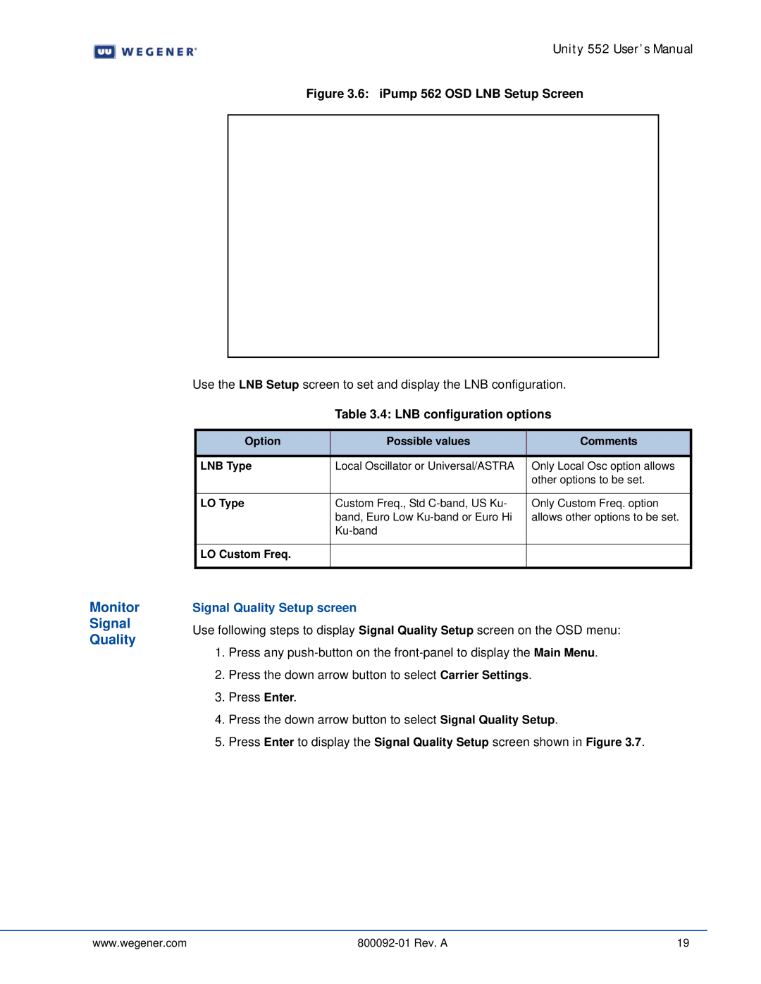 Wegener Communications 562 manual Monitor Signal Quality, LNB configuration options, Signal Quality Setup screen 