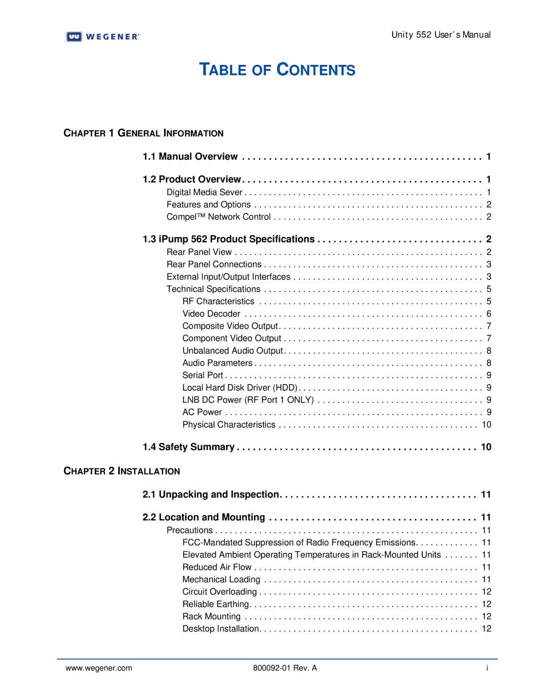 Wegener Communications 562 manual Table of Contents 