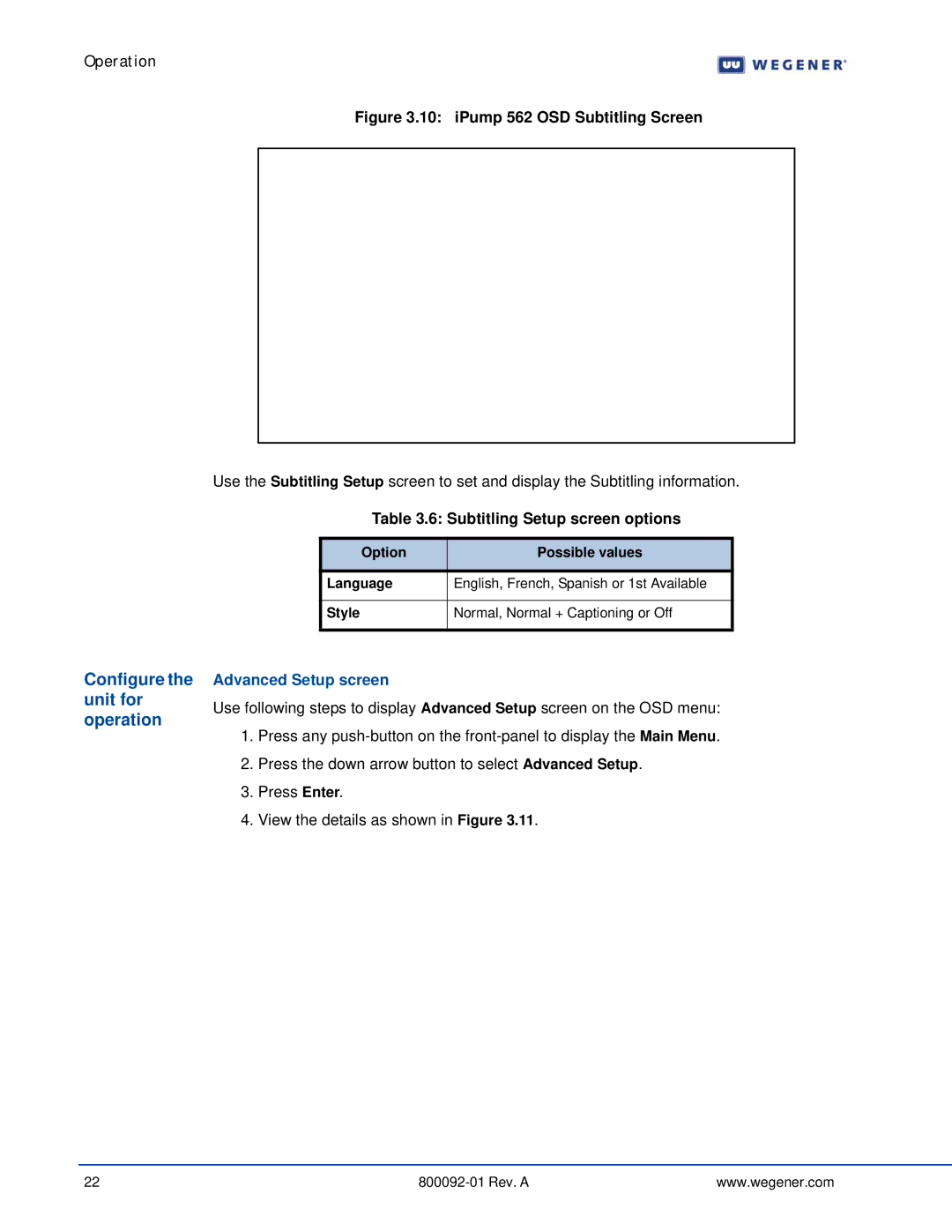 Wegener Communications 562 manual Unit for, Operation, Subtitling Setup screen options, Configure the Advanced Setup screen 