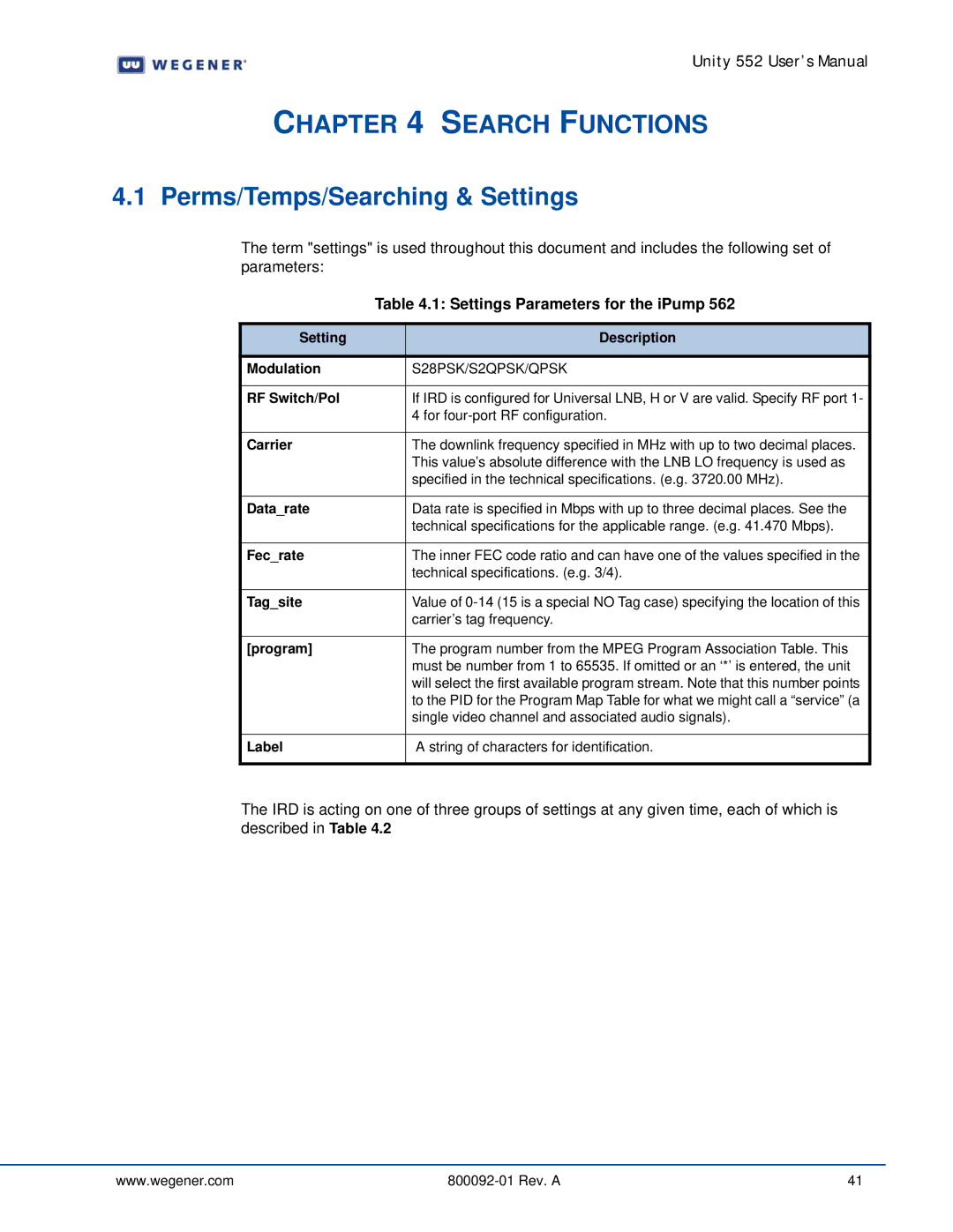 Wegener Communications 562 manual Search Functions, Perms/Temps/Searching & Settings, Settings Parameters for the iPump 