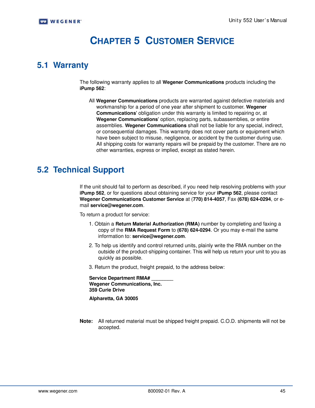 Wegener Communications 562 manual Customer Service, Warranty, Technical Support 