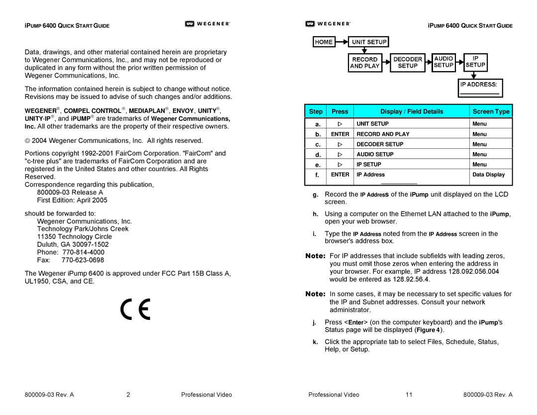 Wegener Communications 6400 manual Enter Record and Play, Decoder Setup, Audio Setup, IP Setup 