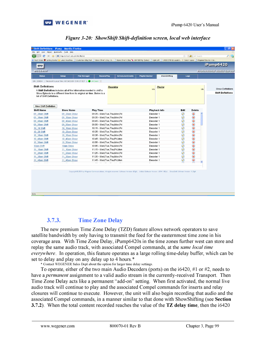 Wegener Communications 6420 user manual Time Zone Delay, ShowShift Shift-definition screen, local web interface 