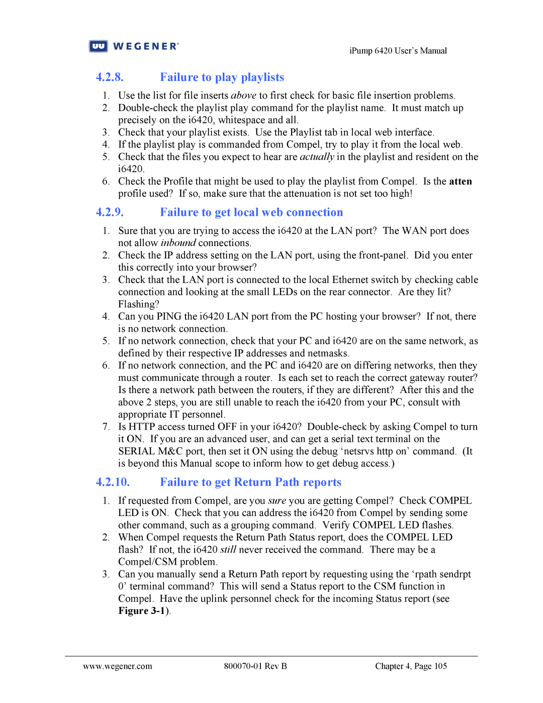 Wegener Communications 6420 user manual Failure to play playlists, Failure to get local web connection 