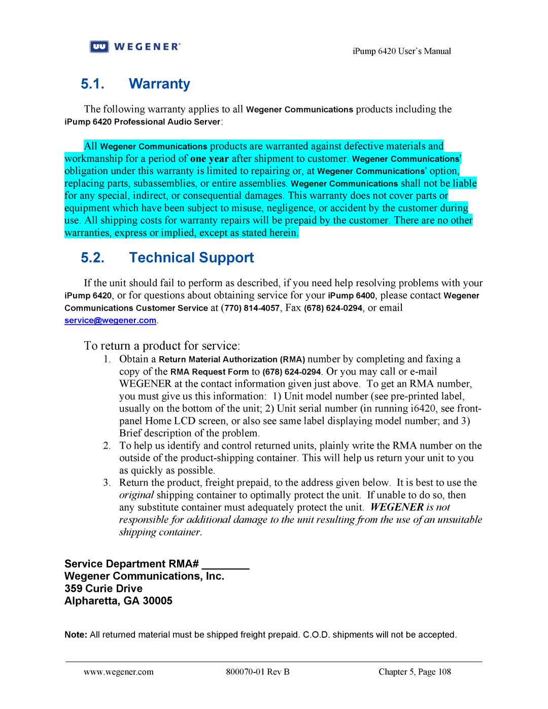 Wegener Communications 6420 user manual Warranty, Technical Support 