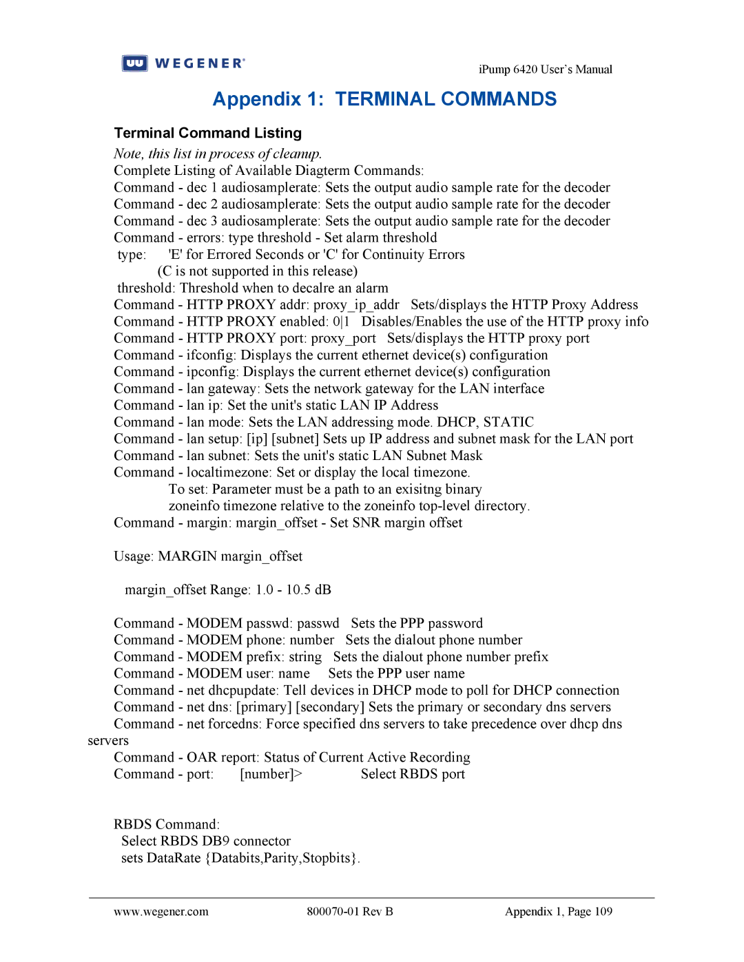 Wegener Communications 6420 user manual Appendix 1 Terminal Commands, Terminal Command Listing 