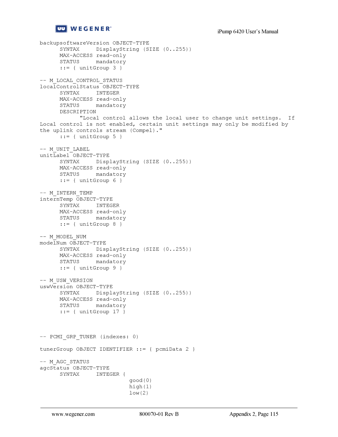 Wegener Communications 6420 user manual Syntax Integer 