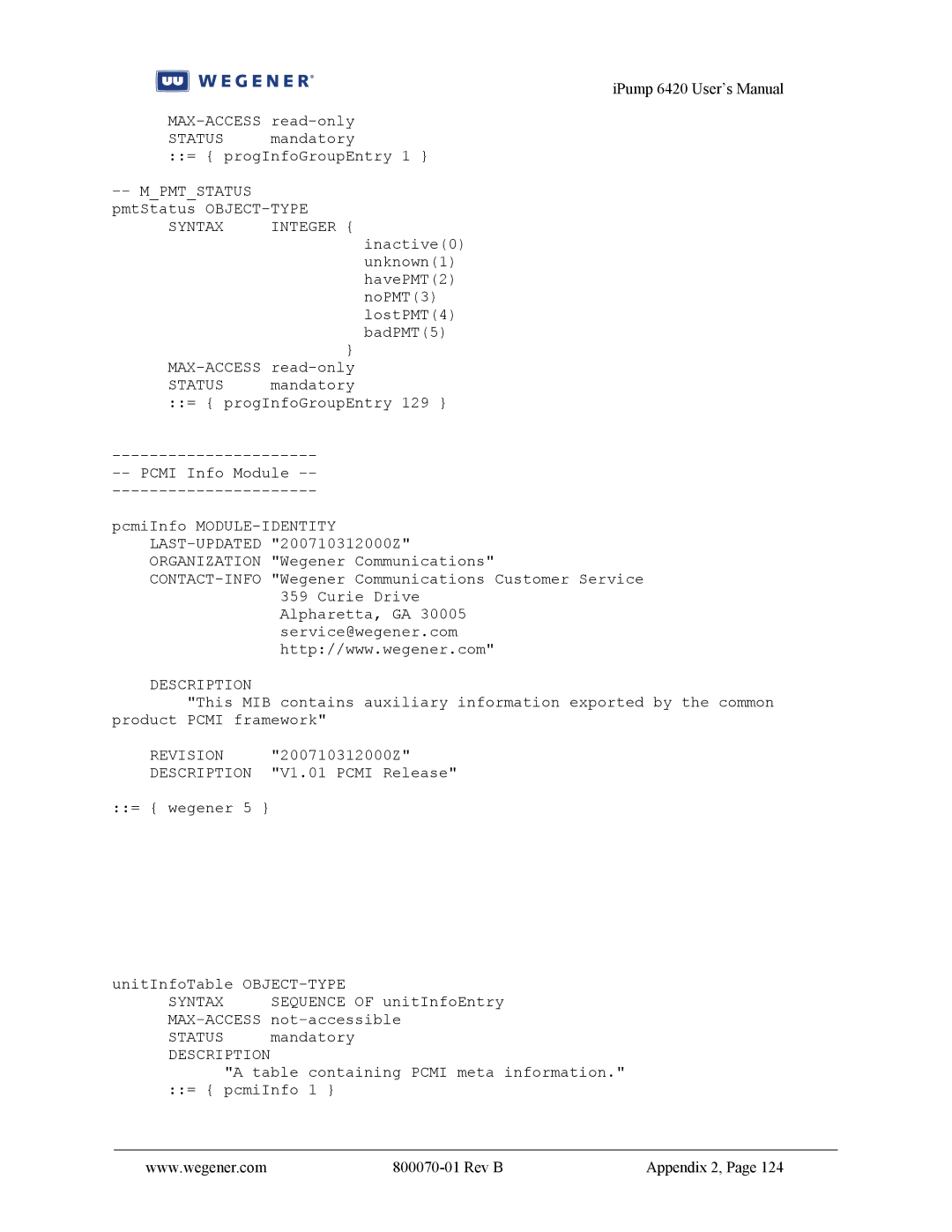 Wegener Communications 6420 user manual Table containing Pcmi meta information. = pcmiInfo 