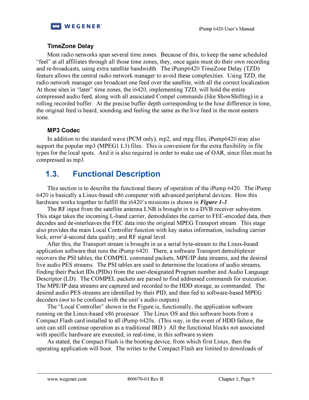 Wegener Communications 6420 user manual Functional Description, TimeZone Delay, MP3 Codec 