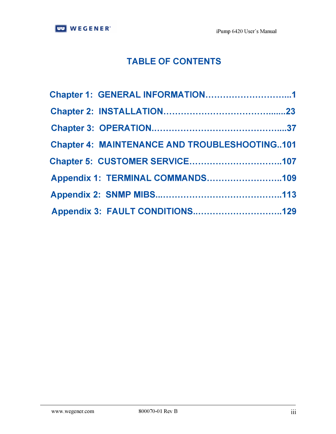 Wegener Communications 6420 user manual Table of Contents 