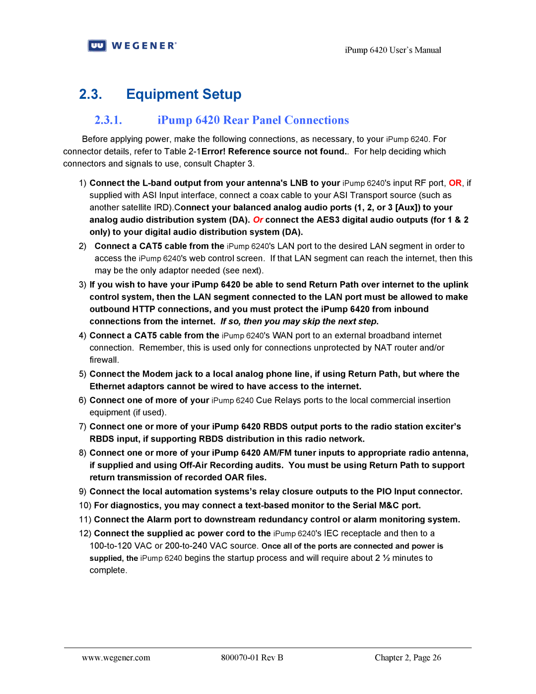 Wegener Communications user manual Equipment Setup, IPump 6420 Rear Panel Connections 