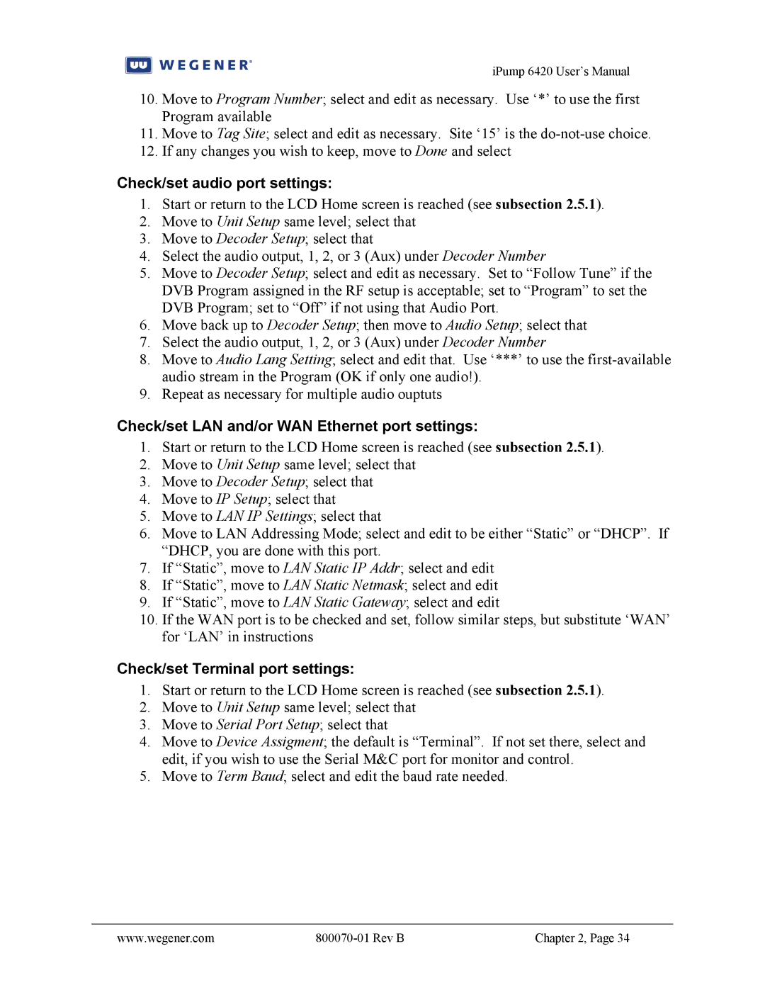 Wegener Communications 6420 user manual Check/set audio port settings, Check/set LAN and/or WAN Ethernet port settings 