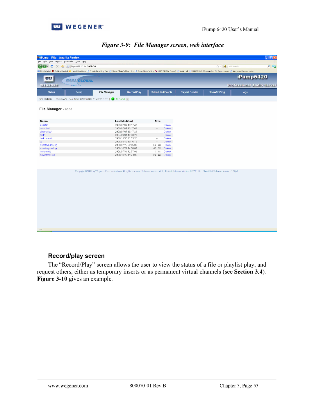 Wegener Communications 6420 user manual File Manager screen, web interface, Record/play screen 