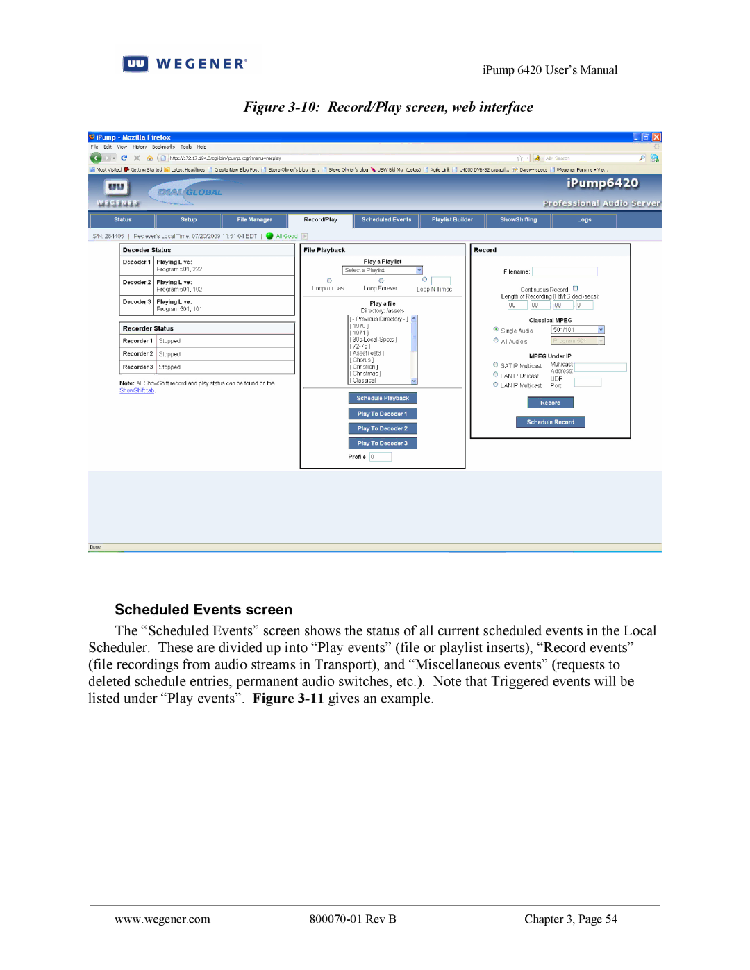 Wegener Communications 6420 user manual Record/Play screen, web interface, Scheduled Events screen 