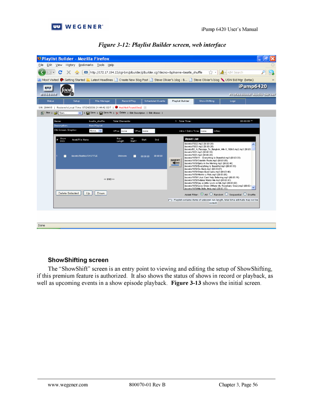 Wegener Communications 6420 user manual Playlist Builder screen, web interface, ShowShifting screen 