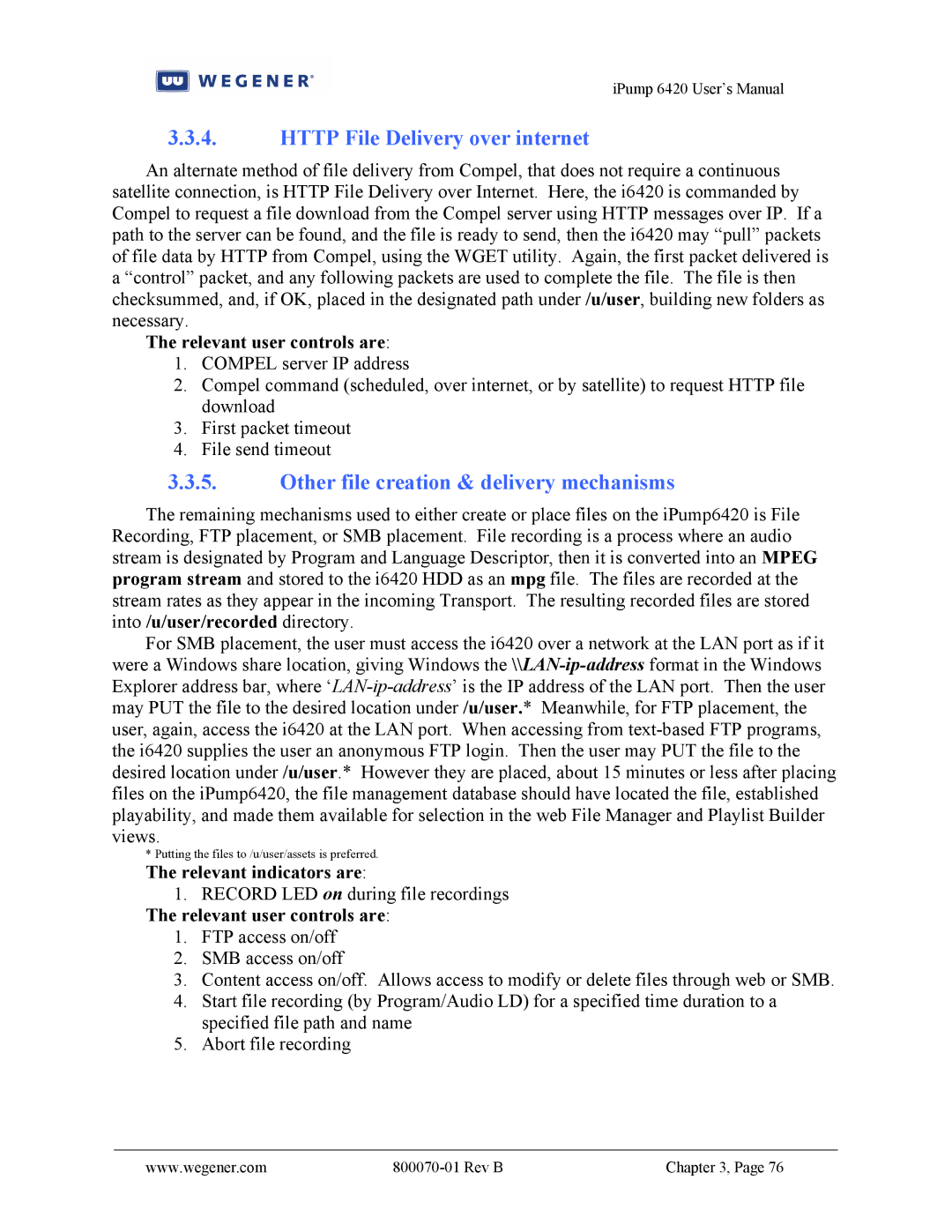 Wegener Communications 6420 user manual Http File Delivery over internet, Other file creation & delivery mechanisms 