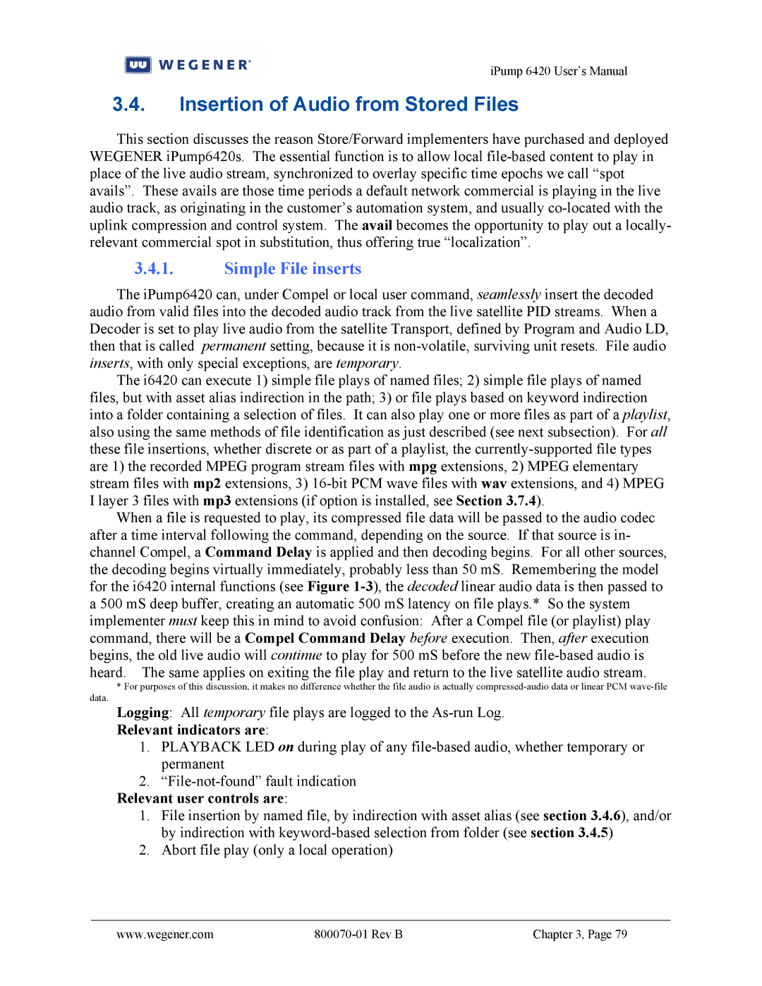 Wegener Communications 6420 user manual Insertion of Audio from Stored Files, Simple File inserts 