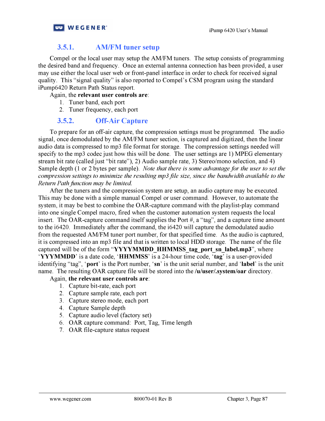 Wegener Communications 6420 user manual 1. AM/FM tuner setup, Off-Air Capture 