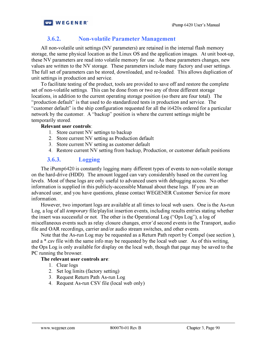 Wegener Communications 6420 user manual Non-volatile Parameter Management, Logging 