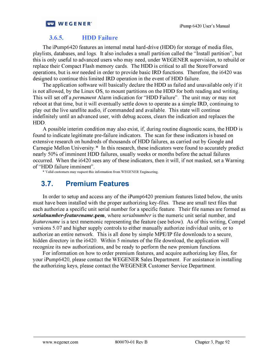 Wegener Communications 6420 user manual Premium Features, HDD Failure 