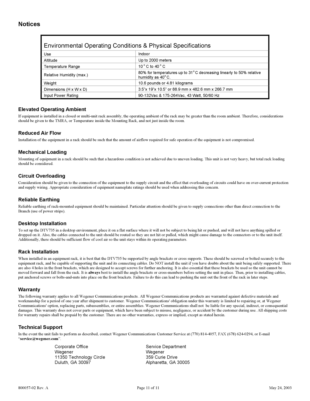 Wegener Communications DTV742 quick start Environmental Operating Conditions & Physical Specifications 