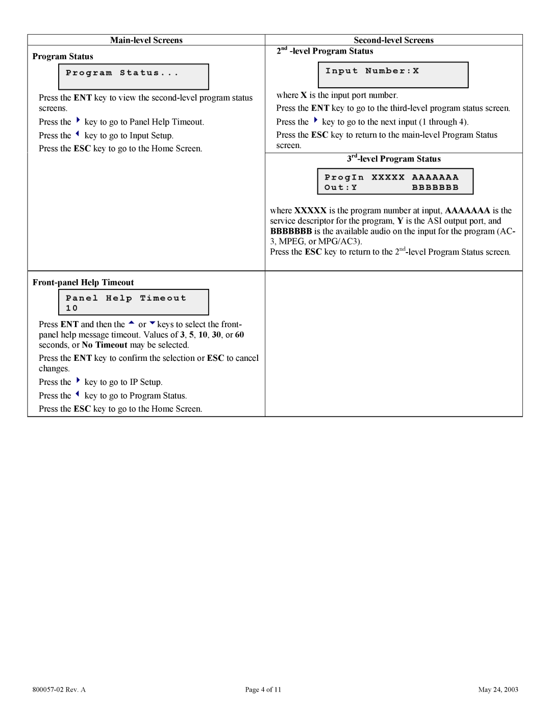 Wegener Communications DTV742 quick start 3rd-level Program Status, Front-panel Help Timeout 