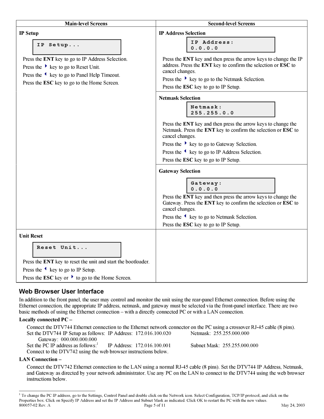 Wegener Communications DTV742 quick start Web Browser User Interface 